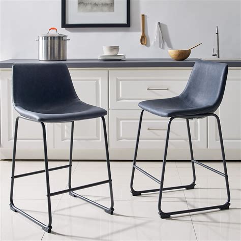 26 Inch Faux Leather Counter Stool Set Of 2 Navy Blue At Futonland