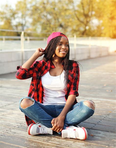 Fashion Young African Woman Having Fun City Park Wearing Red Checkered