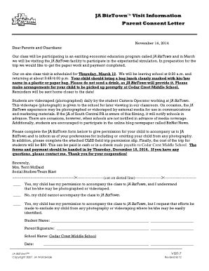 Fillable Online JA BizTown Visit Information Parent Consent Letter Fax