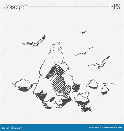 Seascape With Rocks And Flying Seagulls Hand Drawn Vector Illustration