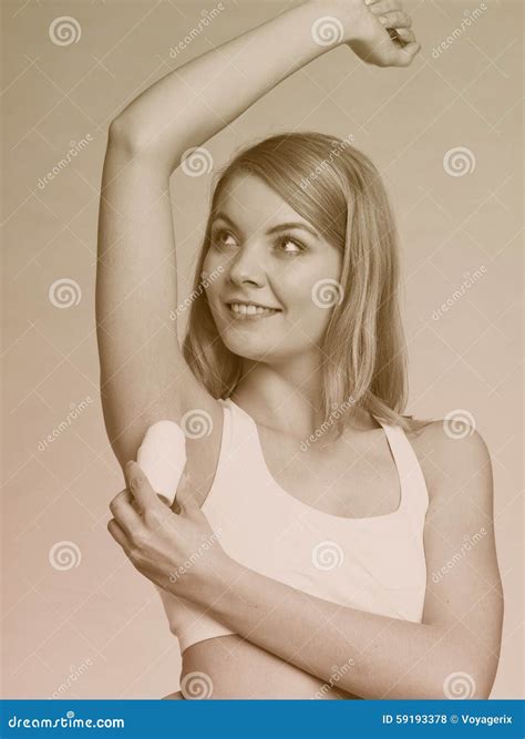 Girl Applying Stick Deodorant In Armpit Stock Photo Image Of