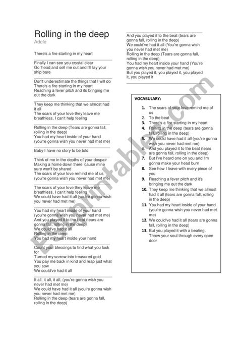 SONG: ROLLING IN THE DEEP- ADELE - ESL worksheet by carlacrisnascimento