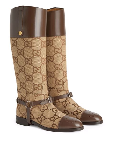 Gucci Gg Canvas And Leather Knee Boots Wharness In Camel Ebony Modesens