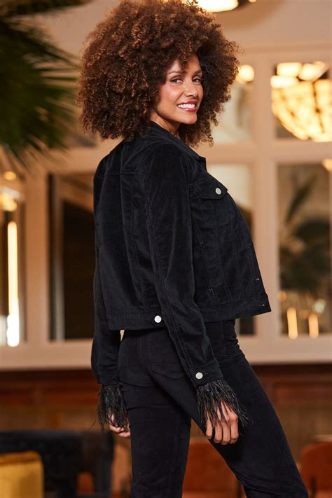 Buy Sosandar Black Velvet Denim Jacket With Feather Trim From The Next