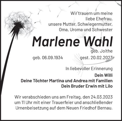 Traueranzeigen Von Marlene Wahl M Rkische Onlinezeitung Trauerportal