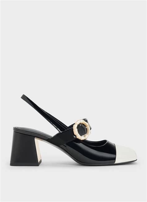 Black Patent Two Tone Pearl Buckle Slingback Pumps Charles And Keith Kr