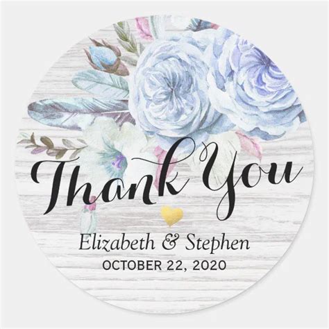 Wedding Thank You Boho Floral Feathers Rustic Wood Classic Round