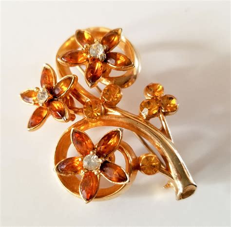 Vintage Unsigned Topaz Amber Rhinestone Flower Tree Brooch Pin By