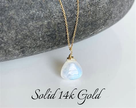 Rainbow Moonstone Necklace June Birthstone Real Solid 14k Gold