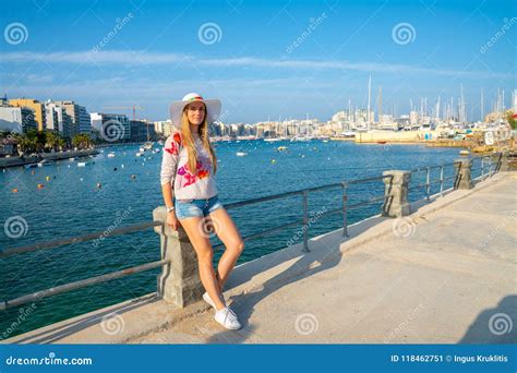 Beautiful Girl Exploring Valletta Old Town On Malta Editorial Photo