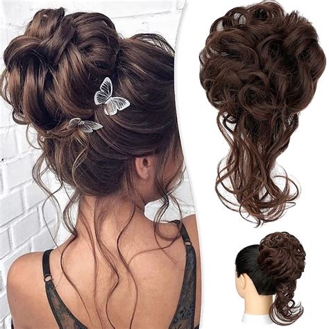 Pièce de cheveux chignon désordonné long ondulé ébouriffé chignon