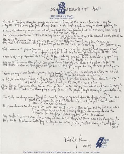 Bob Dylan handwritten & signed "Mr. Tambourine" lyrics from the personal collection of Bob Dylan ...