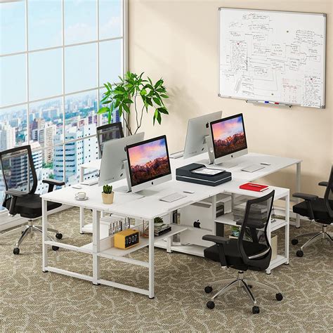 Buy Tribesigns Two Person Desk With Storage Shelves And Tiltable