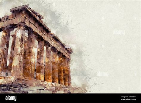 Watercolor Illustration Of A Gorgeous Landscape On Old Paper Parthenon