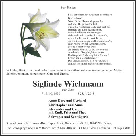 Traueranzeigen Von Siglinde Wichmann Trauer Anzeigen De