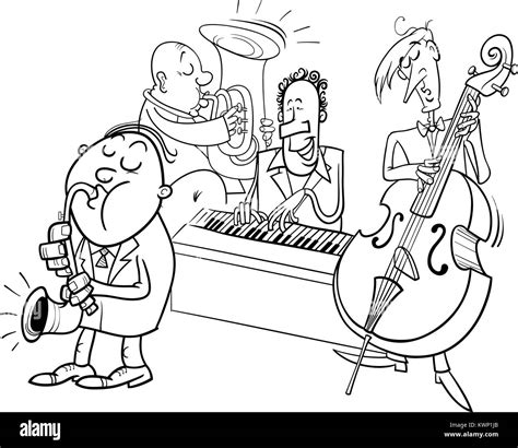 Black And White Cartoon Illustration Of Jazz Musicians Band Playing A