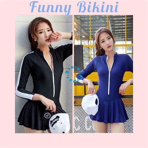 Size M L XL Bikini đồ bơi nữ đi biển mảnh khóa kéo tay phối trắng form váy FUNNY BIKINI MS