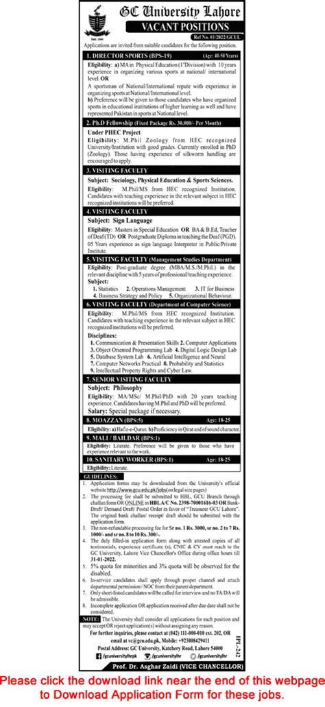 Gc University Lahore Jobs 2022 Application Form Government College