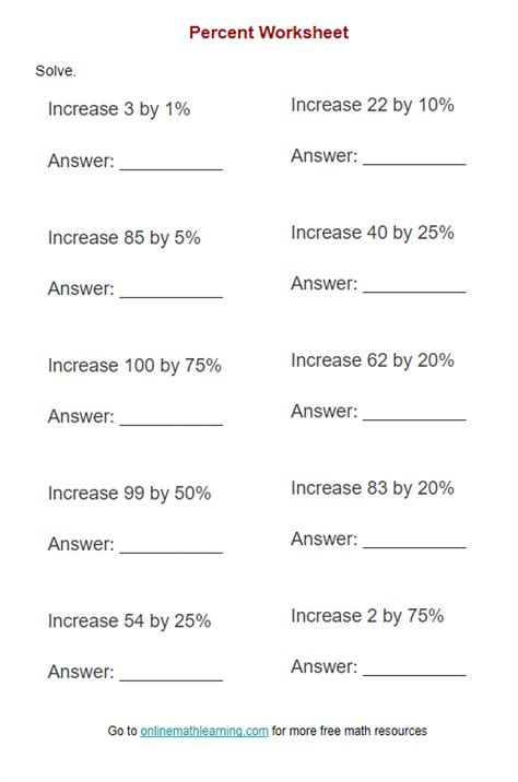 Increase A Number By A Percentage Worksheet Answers Examples