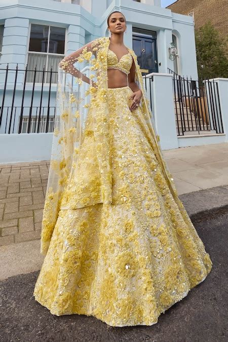 Buy Yellow Net Embroidered 3d Florals Plunged Leaf Lehenga Set For