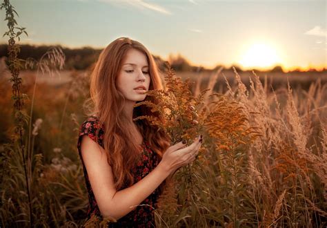 Wallpaper Sunlight Women Model Sunset Nature Field Morning