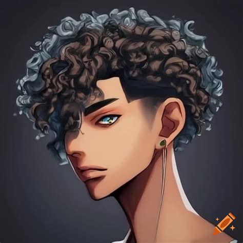 Japanese Anime Inspired Male Character With Dark Brown Skin And Black Curly Hair With Undercut