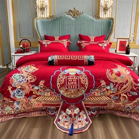 Luxury Chinese Wedding Bedding Set Satin Egyptian Cotton Loong Phoenix