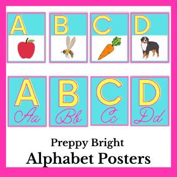 Preppy Brights Alphabet Posters With Pictures And Cursive Letters