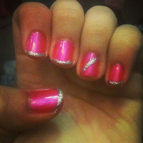 Hot Pink Nails With Silver Sparkles