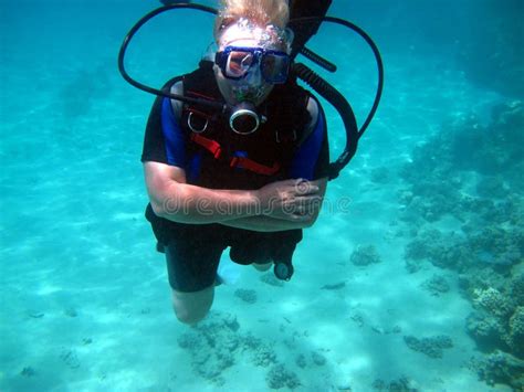 Woman Scuba Diver And Beautiful Colorful Coral Reef Underwater Stock