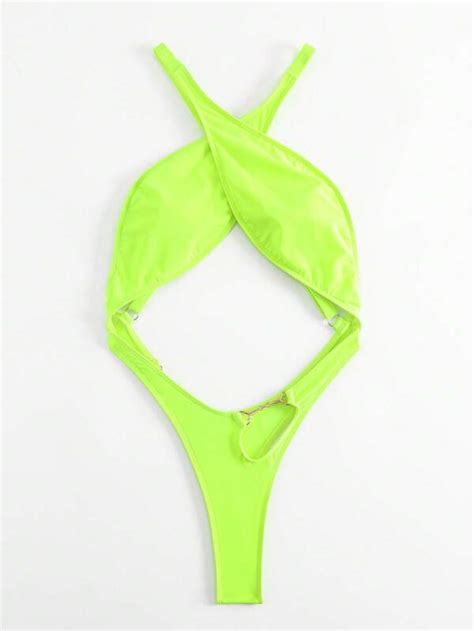 Shein Swim Sxy Neon Lime Criss Cross Cut Out Chain Linked One Piece