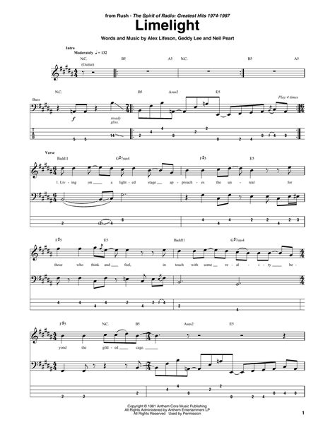 Limelight Sheet Music Rush Bass Guitar Tab