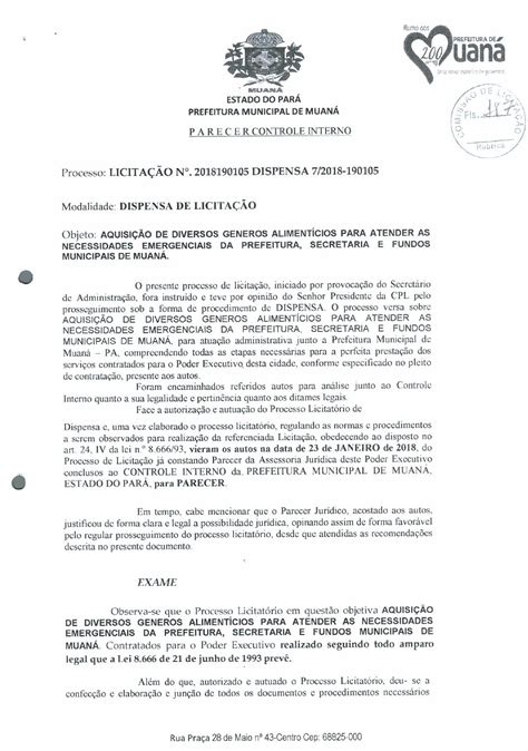 PARECER CONTROLE INTERNO Prefeitura Municipal de Muaná PA