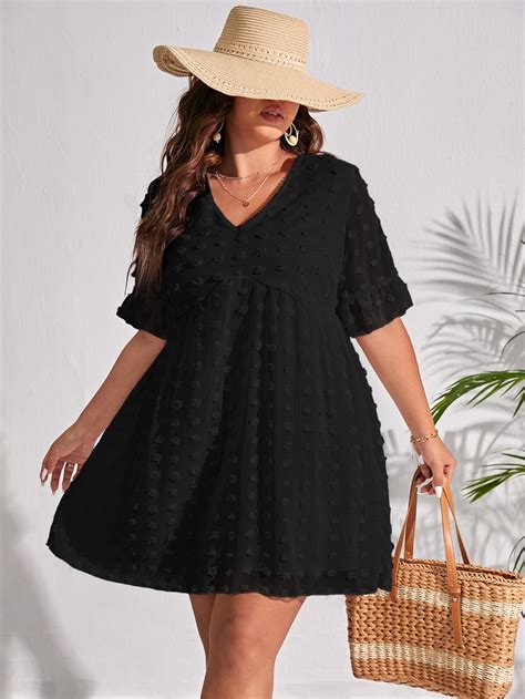 Plus Swiss Dot Flounce Sleeve Smock Dress Shein Usa