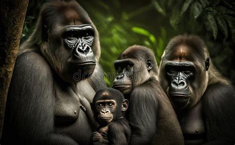 A Gorilla Family Group in the Jungle, Generative AI Stock Illustration ...