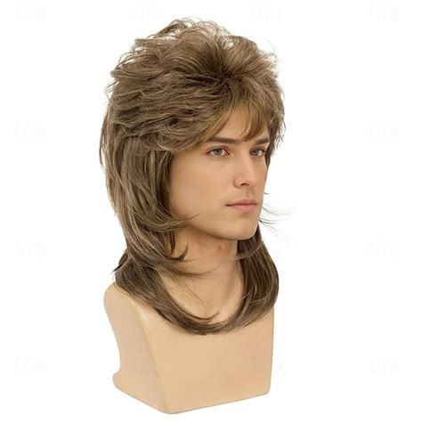 Sallcks Mens Mullet Wigs Brown Curly 70s 80s Retro Cosplay Costume Wig