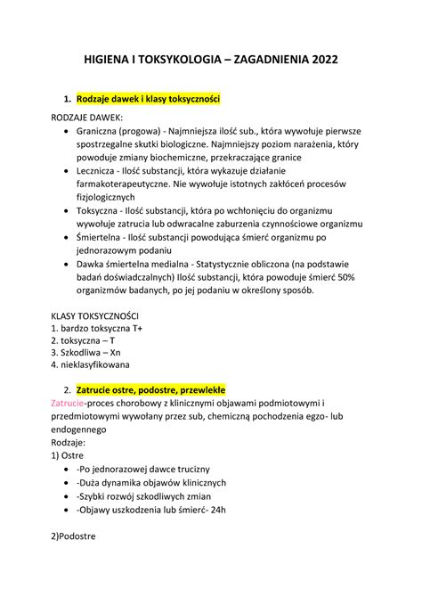 Rozpisane Zagadnienia Na Egzamin Z Higieny I Toksykologii Higiena I
