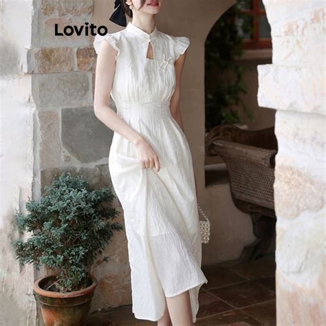 Lovito Women Elegant Plain Button Dress Lna Shopee Philippines