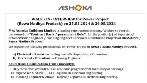 Ashoka Buildcon Ltd Walk In Interview May 2024 Hiring For Engineers Supervisor Power