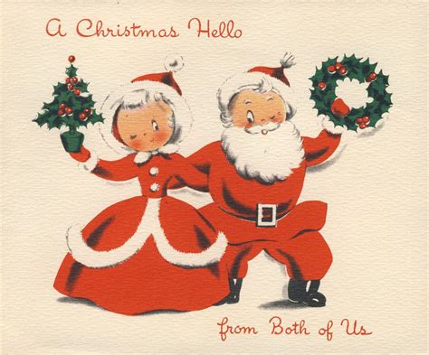 Vtg Christmas Card Santa Mrs Claus From Both Of Us Whimsical Mid