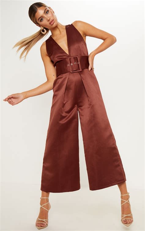 Chocolate Satin Belt Culotte Jumpsuit Prettylittlething