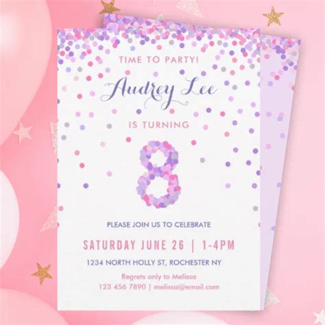 Girls 8th Birthday Eighth Birthday Confetti Party Invitation Zazzle