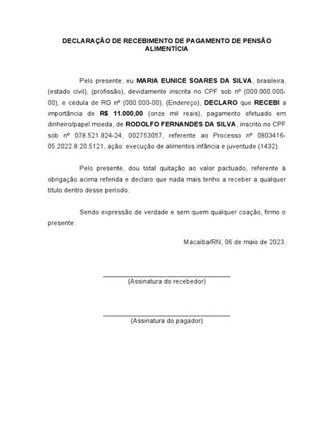 Declaração De Recebimento De Pagamento De Pensão Alimentícia Pdf