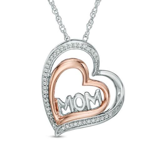 1 10 Ct T W Diamond Mom Tilted Double Heart Pendant In Sterling Silver And 10k Rose Gold