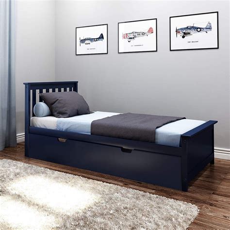 Max And Lily Blue Color Twin Platform Bed Trundle Solid Pine Wood