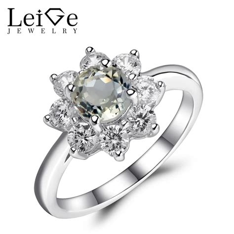 Leige Jewelry Natural Green Amethyst Ring Sterling Silver Round Cut