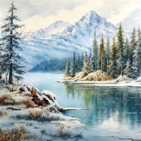 Premium Photo | A painting of a snowy landscape with a mountain in the background.