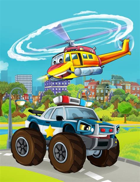 Cartoon Scene with Police Car Vehicle on the Road - Illustration Stock Illustration ...