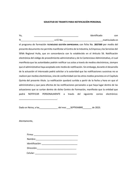 Solicitud DE Tramite PARA Notificaciòn Personal SOLICITUD DE TRAMITE