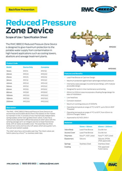 RPZD Reduced Pressure Zone Devices RMC Reliance Valves